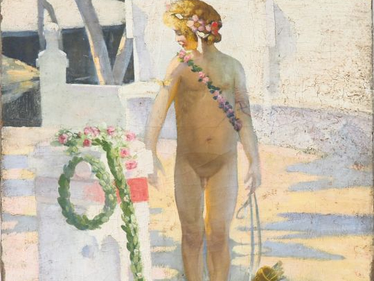 Ecole française début XXème. "Amour près de la fontaine". Huile sur to