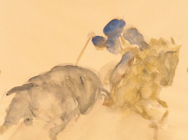 Ecole française XXème. "Rejoneo". Aquarelle sur canson. Dim. 30 x 24 c