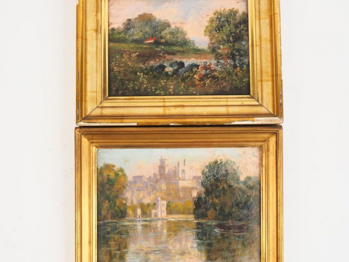 Ecole française début XXème. "Paysages lacustres". 2 huiles sur pannea