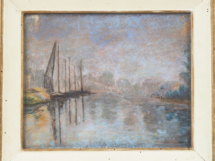 Ecole française XXème. "Bord de canal". Pastel, signé en bas à droite.