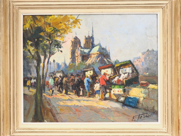 Ecole française XXème. "Les bouquinistes sur les quais à Paris". Huile