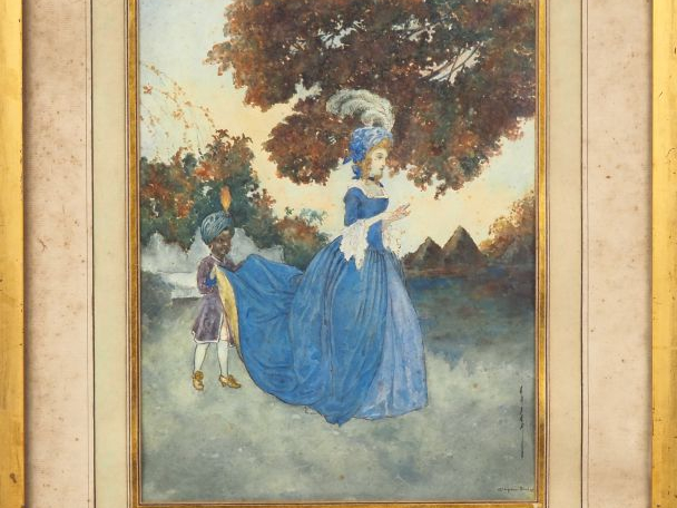 Ecole française XIXème. "Jeune élégante et son page". Aquarelle, signé