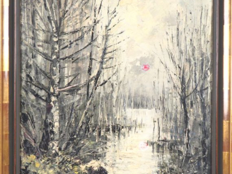Vente aux enchères Ecole française XXème. "Paysage lacustre en hiver au coucher du soleil