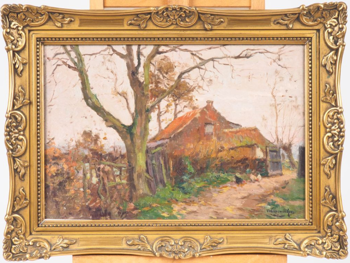 Ecole française XXème. "Poules devant une chaumière". Huile sur pannea