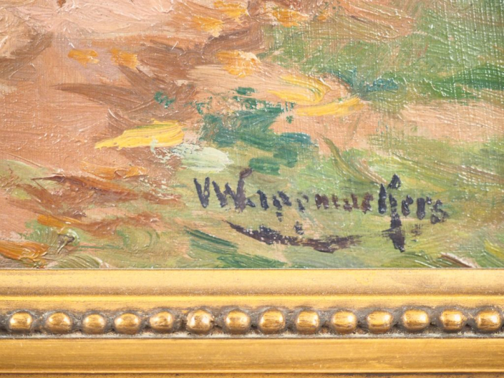 Ecole française XXème. "Poules devant une chaumière". Huile sur pannea