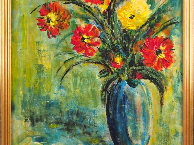 Fernand ROUX. "Bouquet de fleurs dans un vase". Huile sur toile, signé