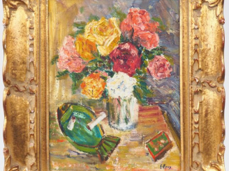 Vente aux enchères Fernand ROUX. "Nature morte aux fleurs". Huile sur isorel, signée en b