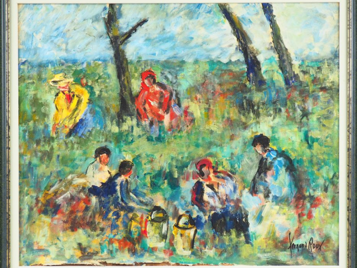 Fernand ROUX. "Scène de pique-nique". Huile sur toile, signée en bas à