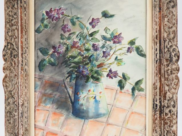 Fernand ROUX.  "Bouquet de fleurs violettes dans une carafe". Aquarell