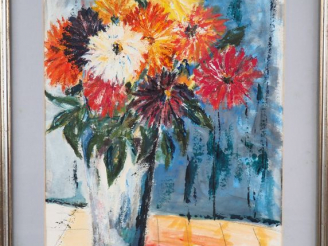 Vente aux enchères Fernand ROUX.  "Bouquet de pivoines". Gouache signée du tampon d'ateli