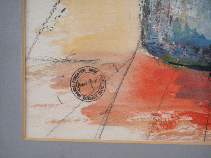 Fernand ROUX.  "Bouquet de pivoines". Gouache signée du tampon d'ateli