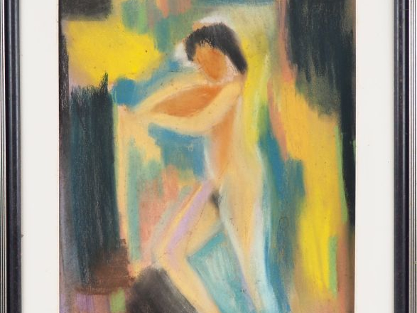 Fernand ROUX. "Nu dans un paysage abstrait". Fusain, signé en bas à dr