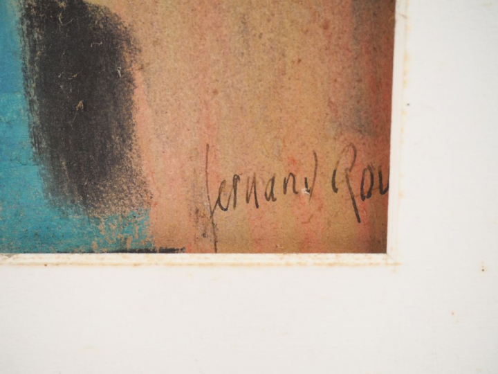 Fernand ROUX. "Nu dans un paysage abstrait". Fusain, signé en bas à dr