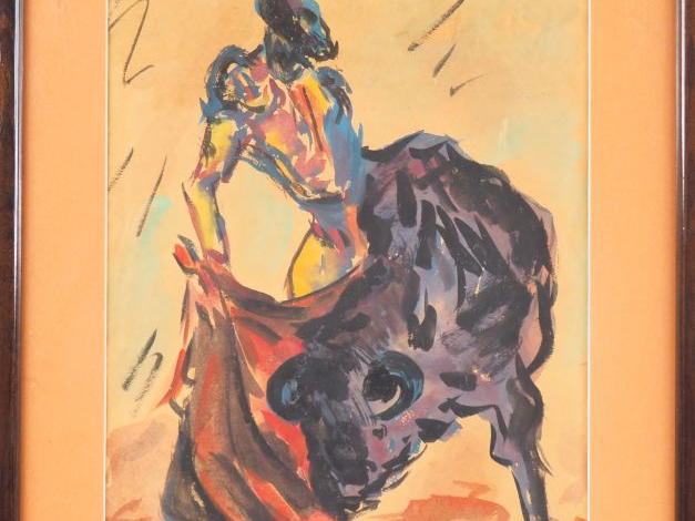 Fernand ROUX.  "Scène de corrida". Aquarelle, signée en bas à droite. 