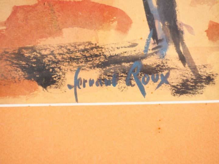 Fernand ROUX.  "Scène de corrida". Aquarelle, signée en bas à droite. 