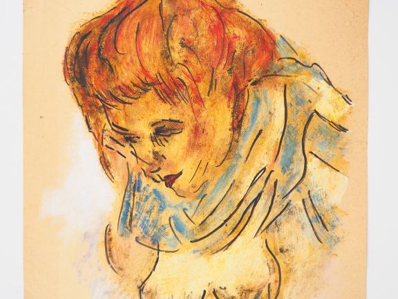 Fernand ROUX. "Portrait de femme". Technique mixte, signée en bas à dr