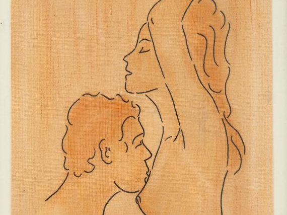 Fernand ROUX. "Couple". Dessin, signé en haut à gauche. Dim. 35 x 25 c