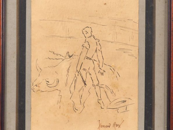 Fernand ROUX. "Scène de corrida". Dessin signé en bas à droite. Dim. (