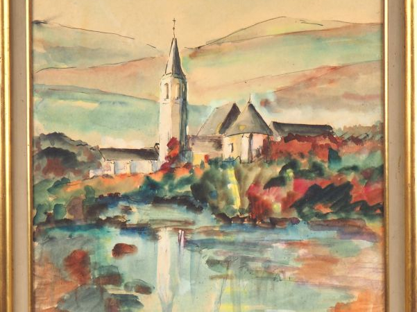 Fernand ROUX. "Eglise dans la campagne". Aquarelle, signée en bas à dr
