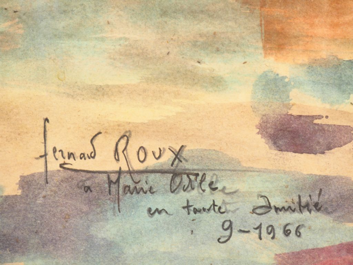 Fernand ROUX. "Eglise dans la campagne". Aquarelle, signée en bas à dr