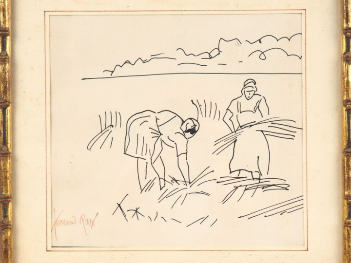 Fernand ROUX. "Paysannes aux champs". Dessin signé en bas à gauche. Di