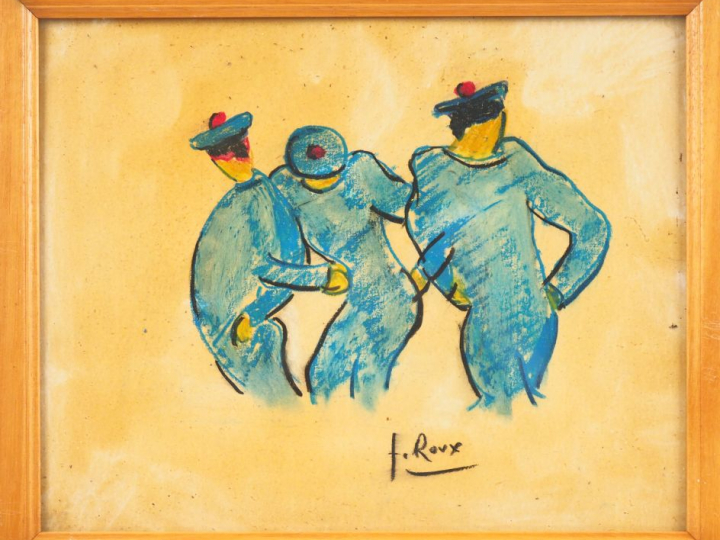 Fernand ROUX. "Les trois matelots". Dessin, signé en bas à droite. Dim