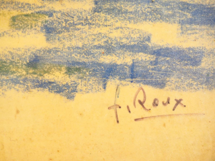Fernand ROUX. "Couple sur un banc". Dessin, signé en bas à droite. Dim