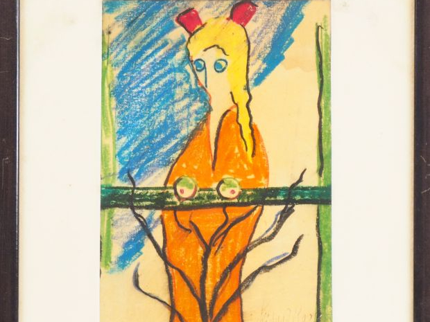 Fernand ROUX. "Jeune femme sur un balcon". Dessin, signé en bas à droi