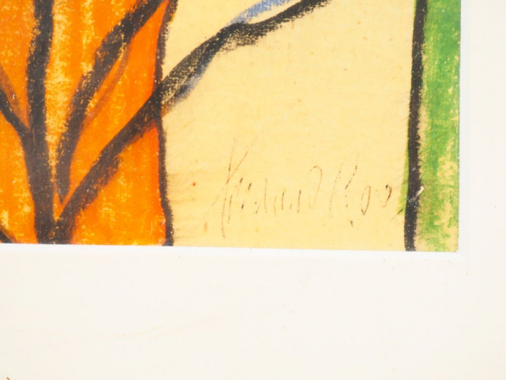 Fernand ROUX. "Jeune femme sur un balcon". Dessin, signé en bas à droi