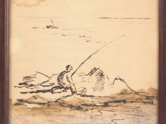 Vente aux enchères Fernand ROUX. "Pêcheur en bord de mer". Dessin, signé en bas à droite.