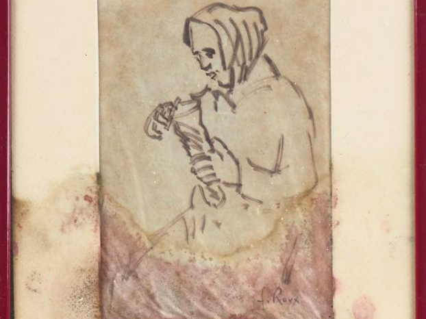Fernand ROUX. "Portrait de dame au fichu". Dessin, signé en bas à droi