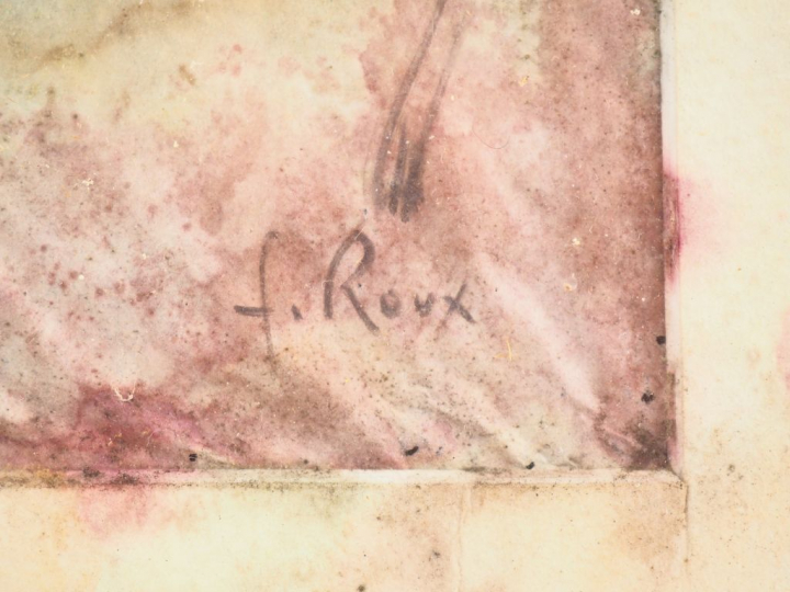 Fernand ROUX. "Portrait de dame au fichu". Dessin, signé en bas à droi