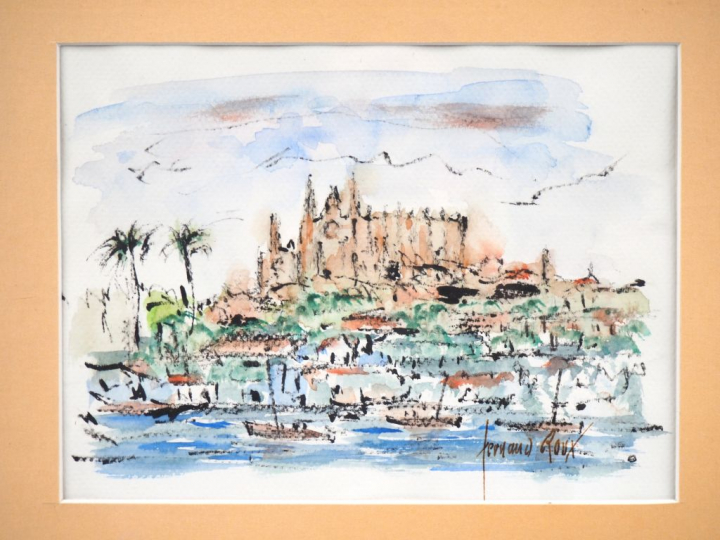 Fernand ROUX. "Vue de la cathédrale de Palma". Aquarelle, signée en ba