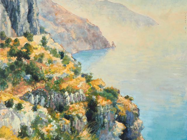 André VIGNOLES. "Brume d'été sur la côte amalfitaine". Huile sur toile