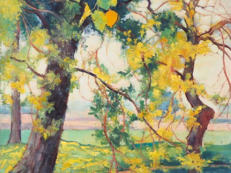 Vente aux enchères André VIGNOLES. "Trois arbres près de l'étang". Huile sur toile, signé
