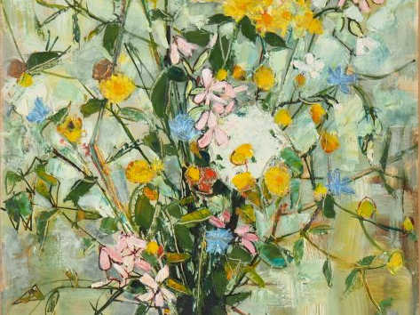 André VIGNOLES. "Fleurs claires". Huile sur toile, signée en bas à dro