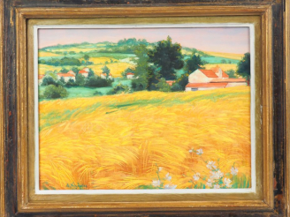 Vente aux enchères André VIGNOLES. "Champs de blé". Huile sur toile, signée en bas à gauc