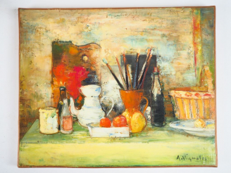 Vente aux enchères André VIGNOLES. "Nature morte". Huile sur toile, signée en bas à droit