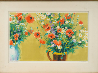 Vente aux enchères André VIGNOLES. "Bouquet de coquelicots" et "paysage". Deux lithograph
