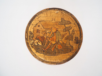 Vente aux enchères Boite cylindrique début XIXème en marqueterie de paille à décor de cha