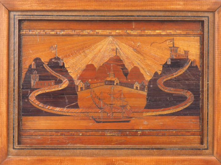 Tableau XIXème en marqueterie de paille, "vue de Sainte Hélène". Dim. 