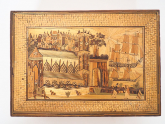 Vente aux enchères Boîte à couture XIXème en marqueterie de paille à décor de personnages