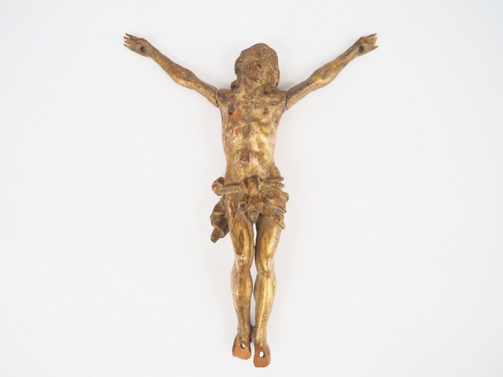 Sujet XVIIIème en bois sculpté polychrome, "Christ". Dim. 22,5 x 18 cm
