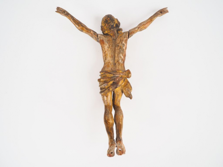 Sujet XVIIIème en bois sculpté polychrome, "Christ". Dim. 22,5 x 18 cm
