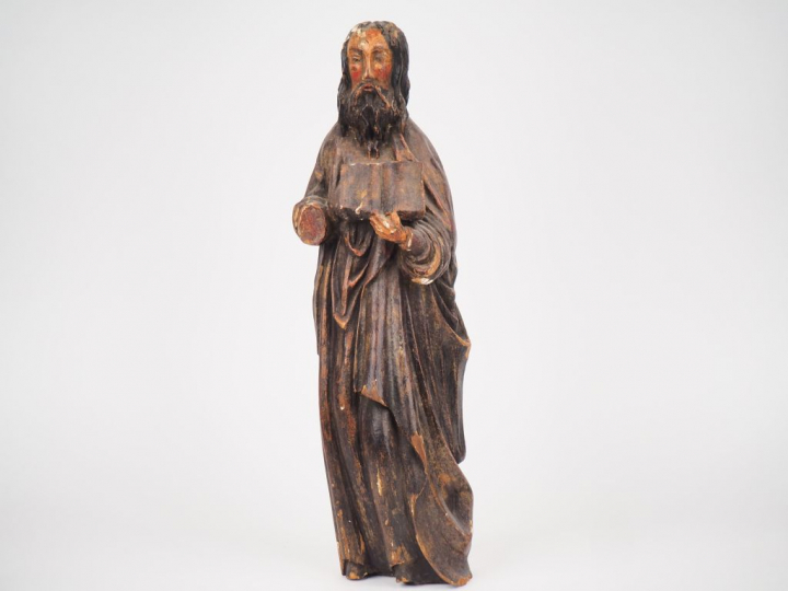 Sculpture XIXe en bois polychrome, "St Jean". H : 43cm. (Manques)