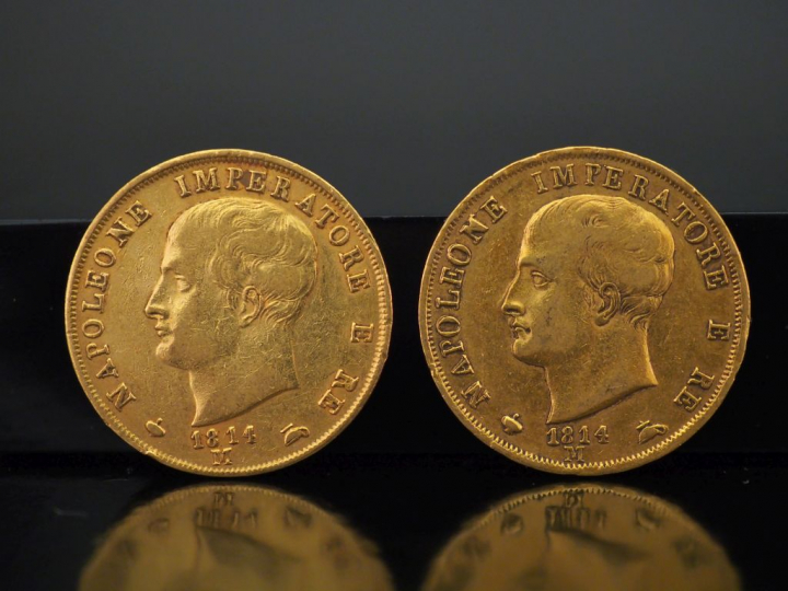 Deux pièces de 40 Lire or, Napoléon empereur, 1814-M.   