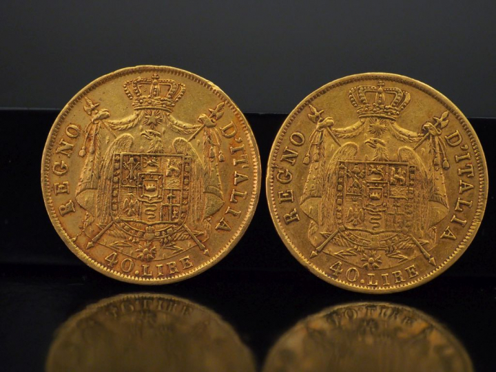 Deux pièces de 40 Lire or, Napoléon empereur, 1814-M.   