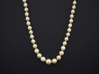 Vente aux enchères Collier de perles blanches disposées en chute.  Fermoir en or jaune.  