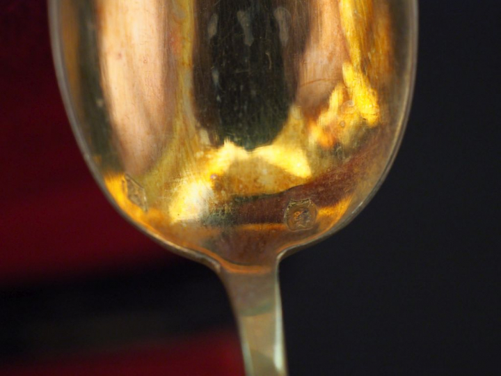 Suite de douze petites cuillères en vermeil, poinçon Minerve, à décor 