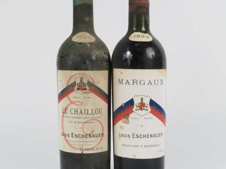 2 BOUTEILLES LOUIS ESCHENAUER 1929 : 1 MARGAUX HEP-MEP/BS - 1 LE CHAIL